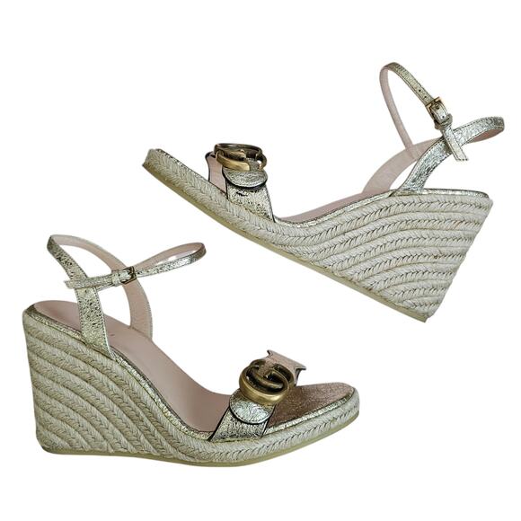 Gucci GG Aitana Marmont Espadrille Wedge Sandal Gold Leather Size 36.5 US 6.5 - Picture 5 of 11